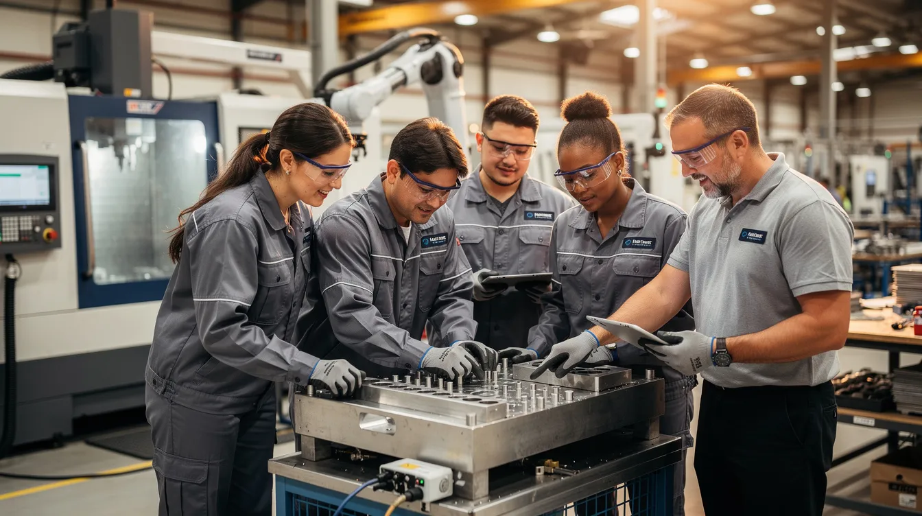 A group of apprentices working alongside their mentor in a modern manufacturing facility.
