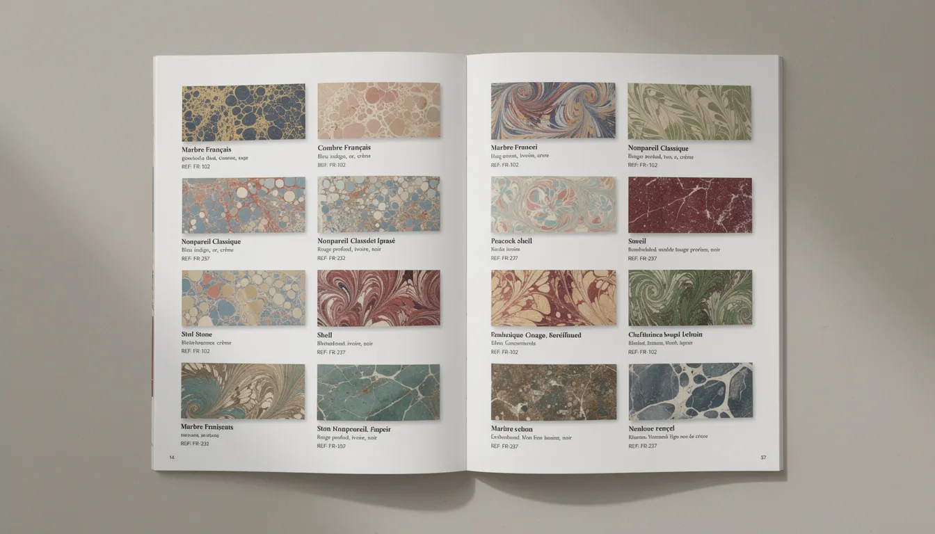 The image features an open catalogue spread displaying a grid of thumbnail images showcasing various French marbled paper patterns, each accompanied by their respective pattern names, color descriptions, and product codes. These intricately designed papers highlight the unique marbling techniques and vibrant colors used in bookbinding and art, reflecting a rich history of this decorative material.
