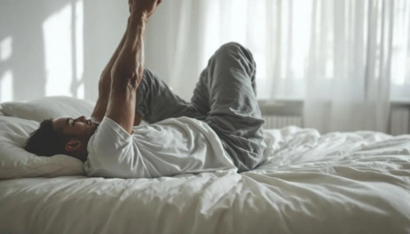 A person is in a pilates exercise starting position, lying on their back with their upper body lifted and one knee pulled to their chest while the opposite leg extends straight. This position engages the core muscles, including the deep stabilizing muscles and abdominal muscles, promoting core strength and overall body health.