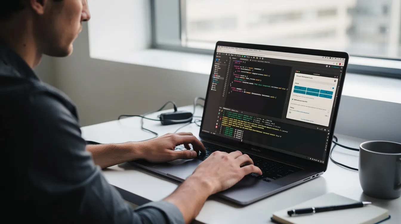 A developer is focused on their laptop, where multiple application interfaces are displayed, showcasing a low code platform for building internal tools. The screen features a user-friendly drag and drop interface, indicating extensive integrations with data sources and custom components for app generation.