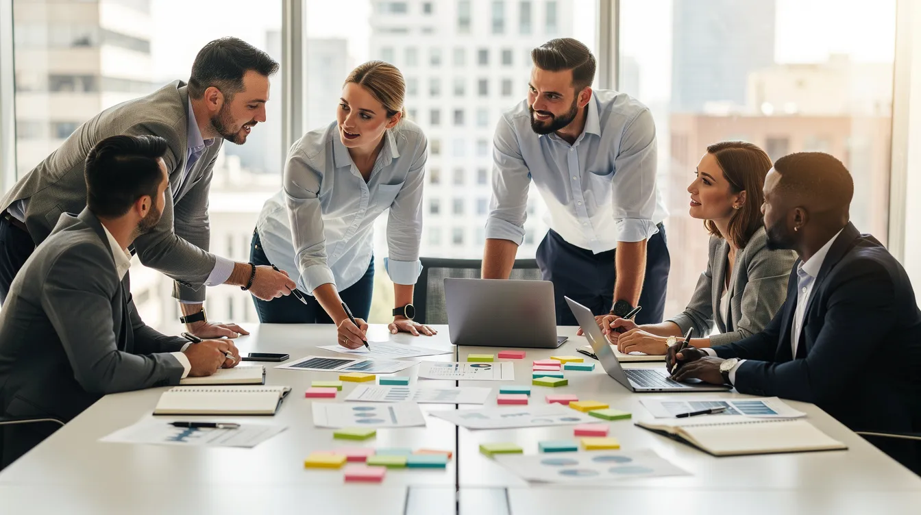 Une équipe de professionnels se regroupe autour d'une grande table, entourée de documents éparpillés et de post-it colorés, collaborant activement à l'élaboration d'une stratégie d'entreprise. On peut ressentir l'énergie de la mise en œuvre de leur plan, visant à définir des objectifs et à optimiser la gestion de projet pour assurer la croissance et la pérennité de leur organisation.
