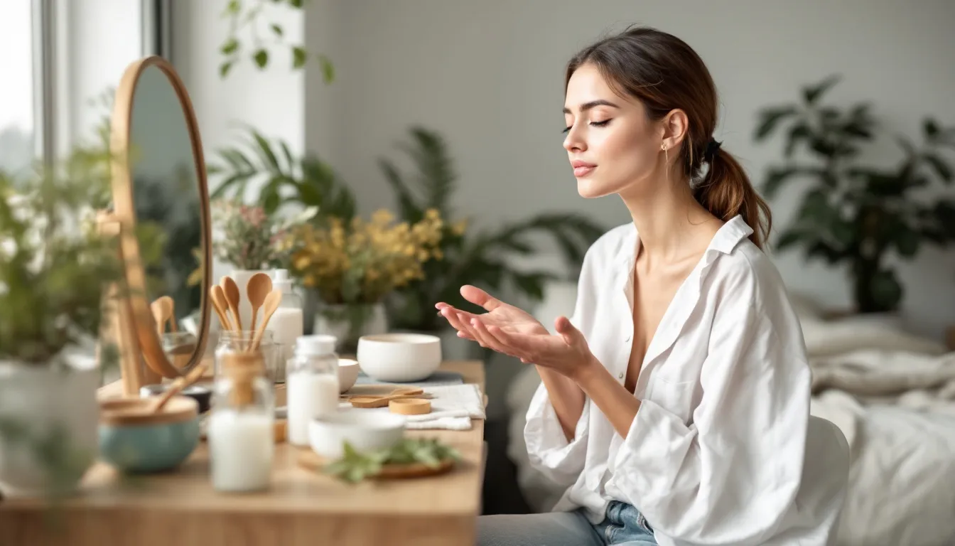 A person with clear, healthy skin is applying natural skincare products, highlighting the importance of maintaining overall health and well-being. This image emphasizes the connection between a healthy gut microbiome and skin health, showcasing the potential benefits of using probiotic and prebiotic ingredients in skincare.