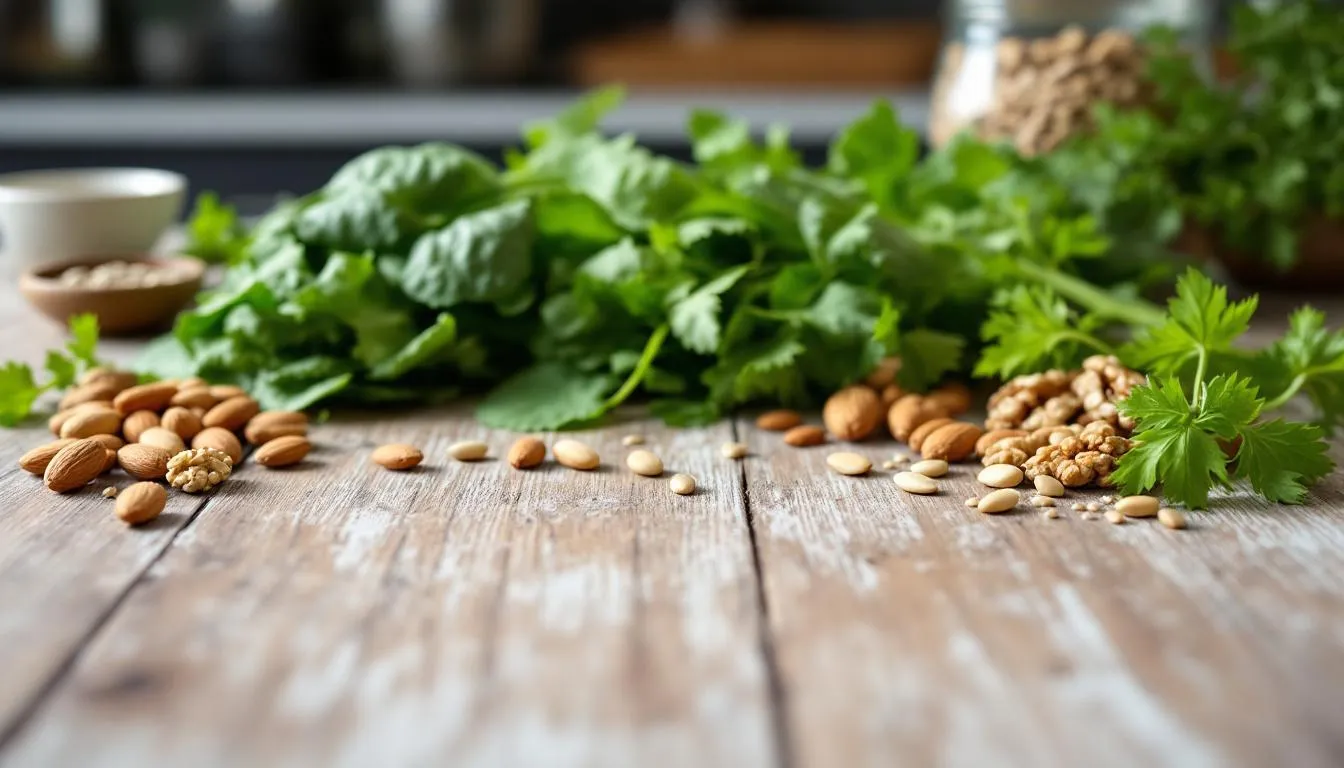 The image features a vibrant arrangement of leafy green vegetables, nuts, and seeds on a kitchen counter, highlighting magnesium-rich foods that support brain health and cognitive function. This colorful display emphasizes the importance of a healthy diet in maintaining optimal magnesium levels and reducing the risk of neurological disorders.