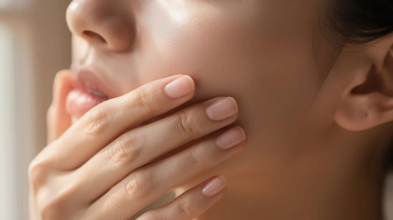 A person's hand gently touches their cheek, showcasing calm and clear skin illuminated by soft, natural lighting. This image reflects the essence of a lightweight daily moisturizer, ideal for sensitive skin, promoting a healthy skin barrier and moisture surge.