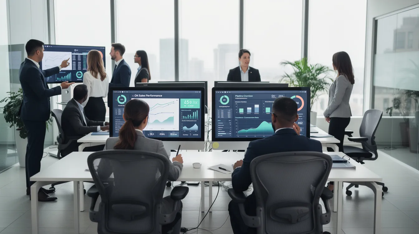 The image depicts a group of sales professionals in a modern office, intently reviewing data on computer screens to enhance their sales strategy and optimize customer acquisition costs. The collaborative environment highlights the importance of teamwork among sales and marketing teams in managing the sales pipeline and improving sales performance.
