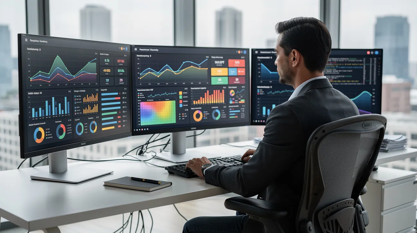 A professional at a desk with multiple dashboard screens displaying data from apprenticeship software for sponsors.