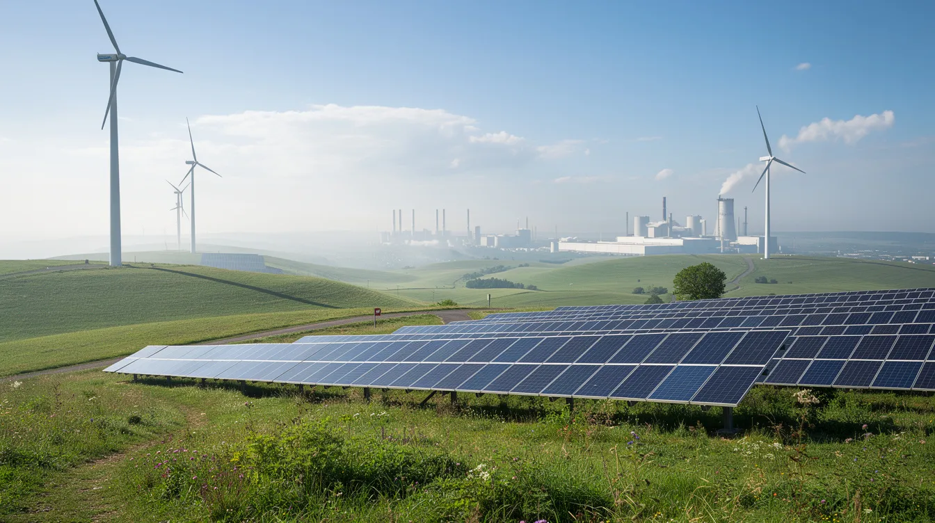 The image depicts a vibrant green landscape featuring wind turbines and solar panels, symbolizing the renewable energy sector, with industrial facilities in the background representing the energy industry. This scene highlights the growing integration of sustainable power generation within the broader energy landscape, including oil and gas industries.