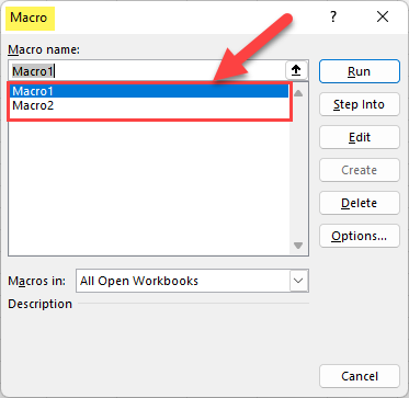The list of available macros in the Macro dialog box