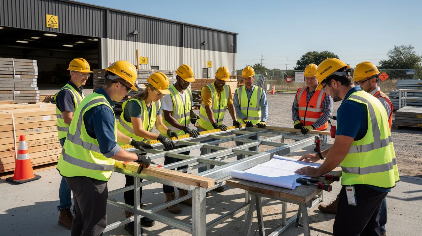 A group of construction apprentices, wearing hard hats and safety vests, collaborate at a training facility, embodying the future of the construction industry. Their teamwork reflects the need for skilled workers in a sector facing labor shortages and rising material costs, essential for meeting the demands of various construction projects.