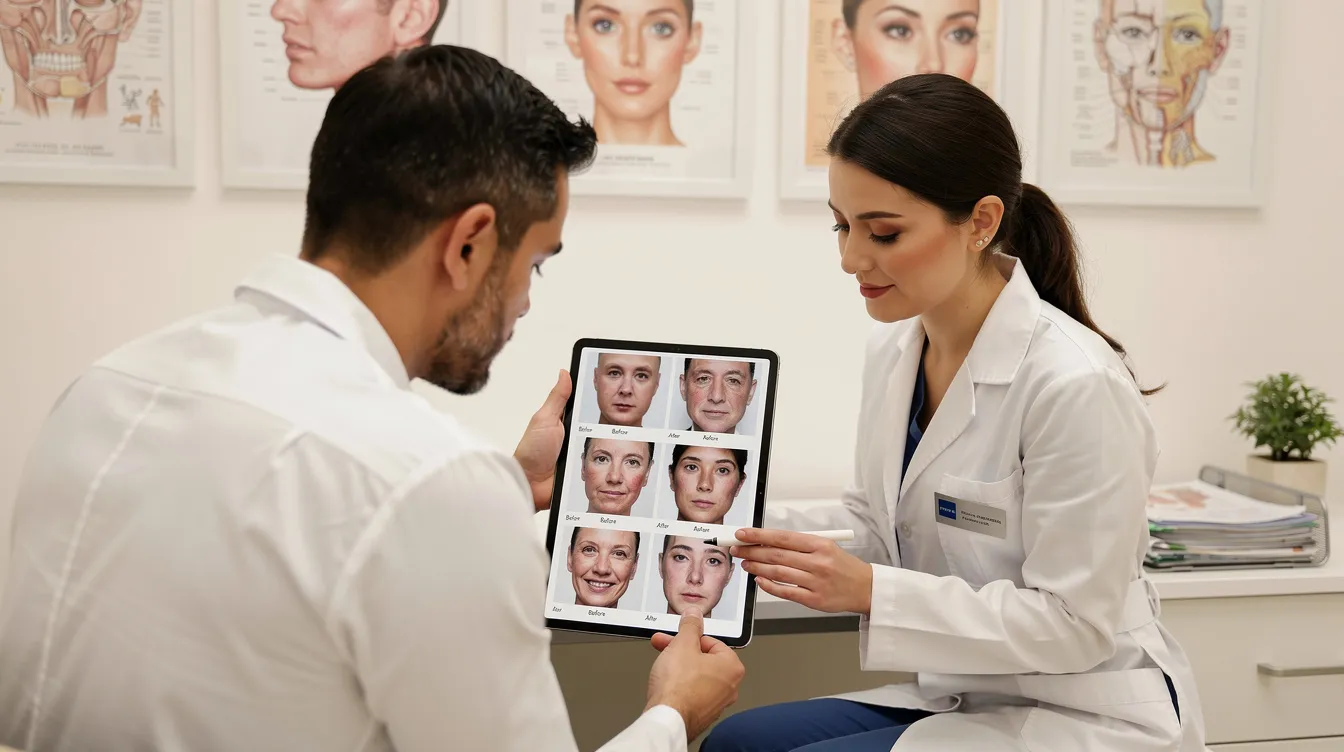A surgeon and a patient are seated in a consultation room, examining facial recovery photos on a tablet, likely discussing the recovery process after the patient's upper blepharoplasty. The images illustrate the healing journey, including initial swelling and the gradual improvement in the appearance of excess upper eyelid skin.