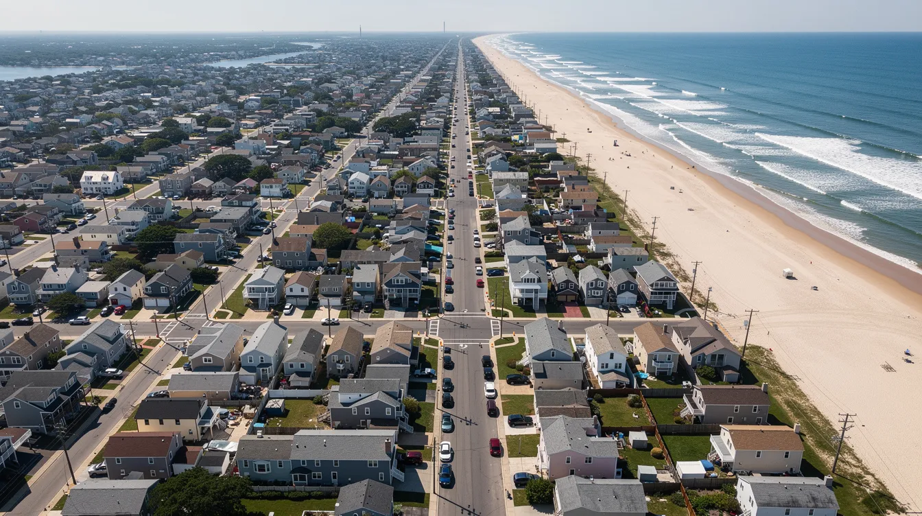 An aerial photograph captures a coastal New Jersey town featuring rows of residential houses nestled near the ocean, showcasing the picturesque setting of the Jersey real estate market. This vibrant community is ideal for real estate investors looking for investment properties or rental income opportunities.
