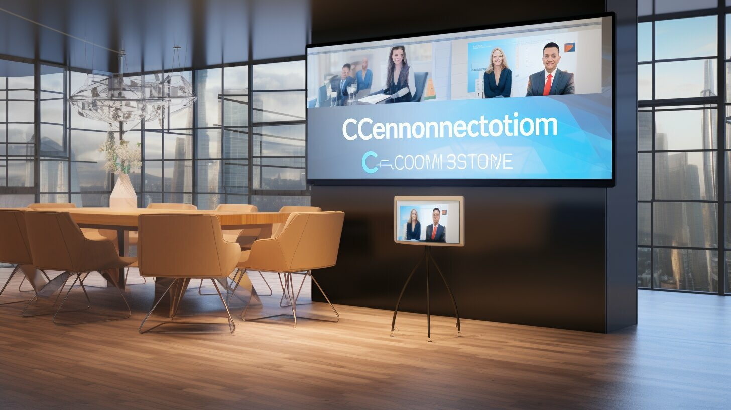 Futuristic office with advanced video conferencing