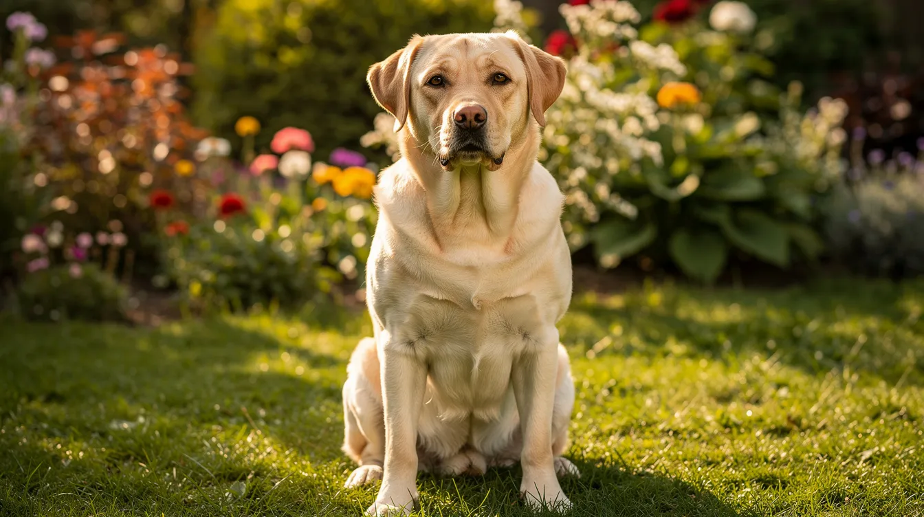 A calm Labrador Retriever is sitting in a vibrant garden, gazing directly at the camera with a relaxed expression. This breed, often affected by conditions like elbow dysplasia, showcases a healthy posture, emphasizing the importance of joint health in dogs.