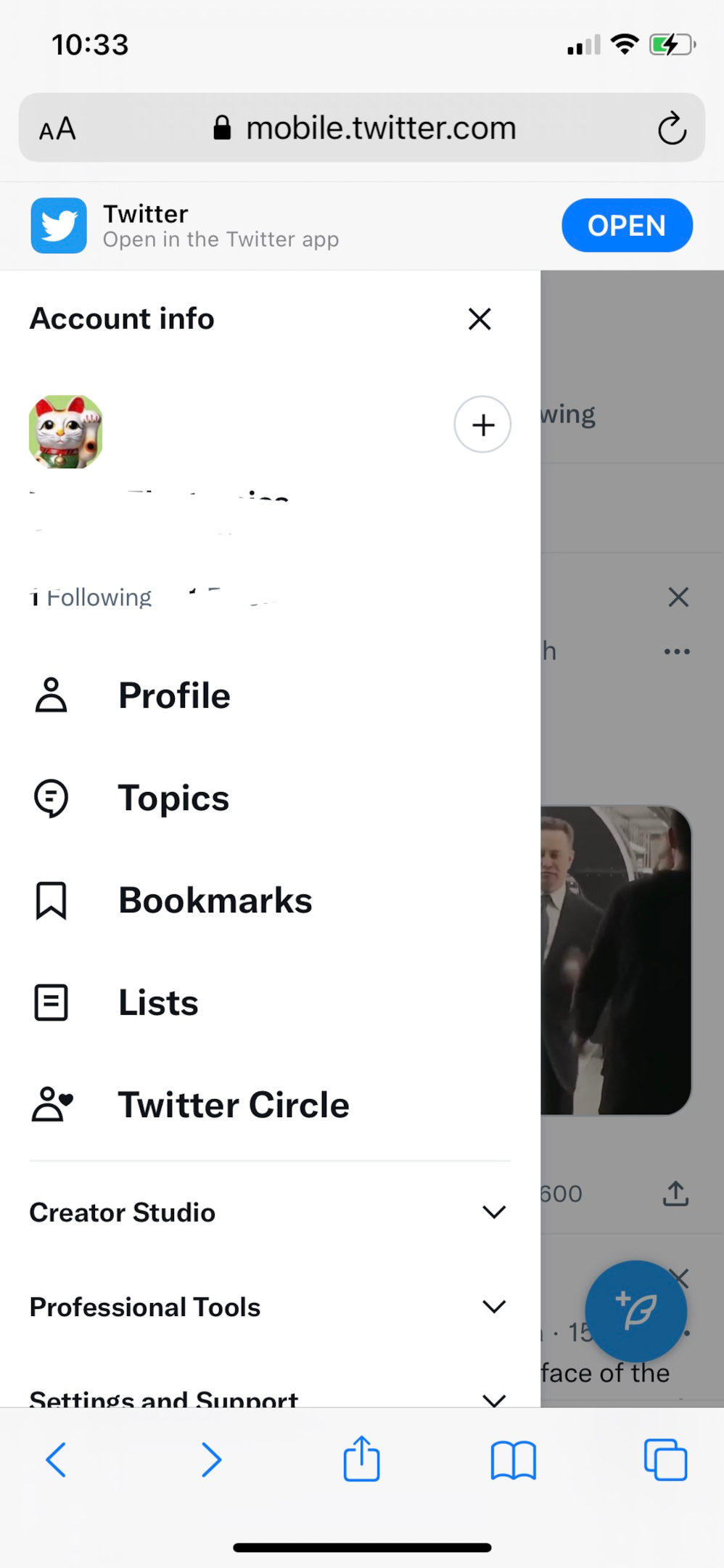 Screenshot of profile menu