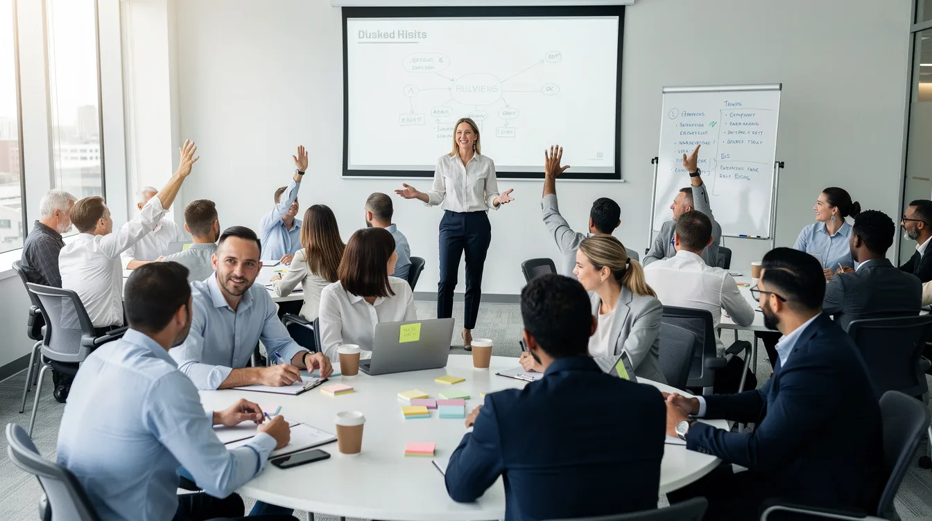 A diverse group of employees actively participates in a workshop, with some raising their hands and others engaged in small discussions, while a facilitator leads the session at the front. This setting reflects an organizational culture that embraces change and encourages employees to voice their concerns, fostering a more supportive environment for successful change management.
