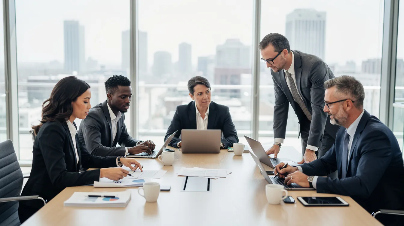 The image depicts a diverse team of security professionals collaborating around a conference table, equipped with laptops and documents, as they discuss key metrics and strategies for improving their cybersecurity programs and risk management practices. Their engagement highlights the importance of teamwork in enhancing security performance and addressing critical vulnerabilities.