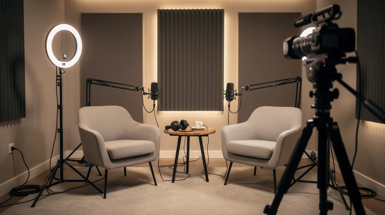 The image depicts a small podcast studio equipped with two chairs, ring lights, and a camera on a tripod aimed at the hosts, creating an ideal setup for recording a professional video podcast episode. The arrangement highlights the essential video podcast equipment needed for quality audio and video production. The image depicts a small podcast studio equipped with two chairs, ring lights, and a camera on a tripod aimed at the hosts, creating an ideal setup for recording a professional video podcast episode. The arrangement highlights the essential video podcast equipment needed for quality audio and video production.