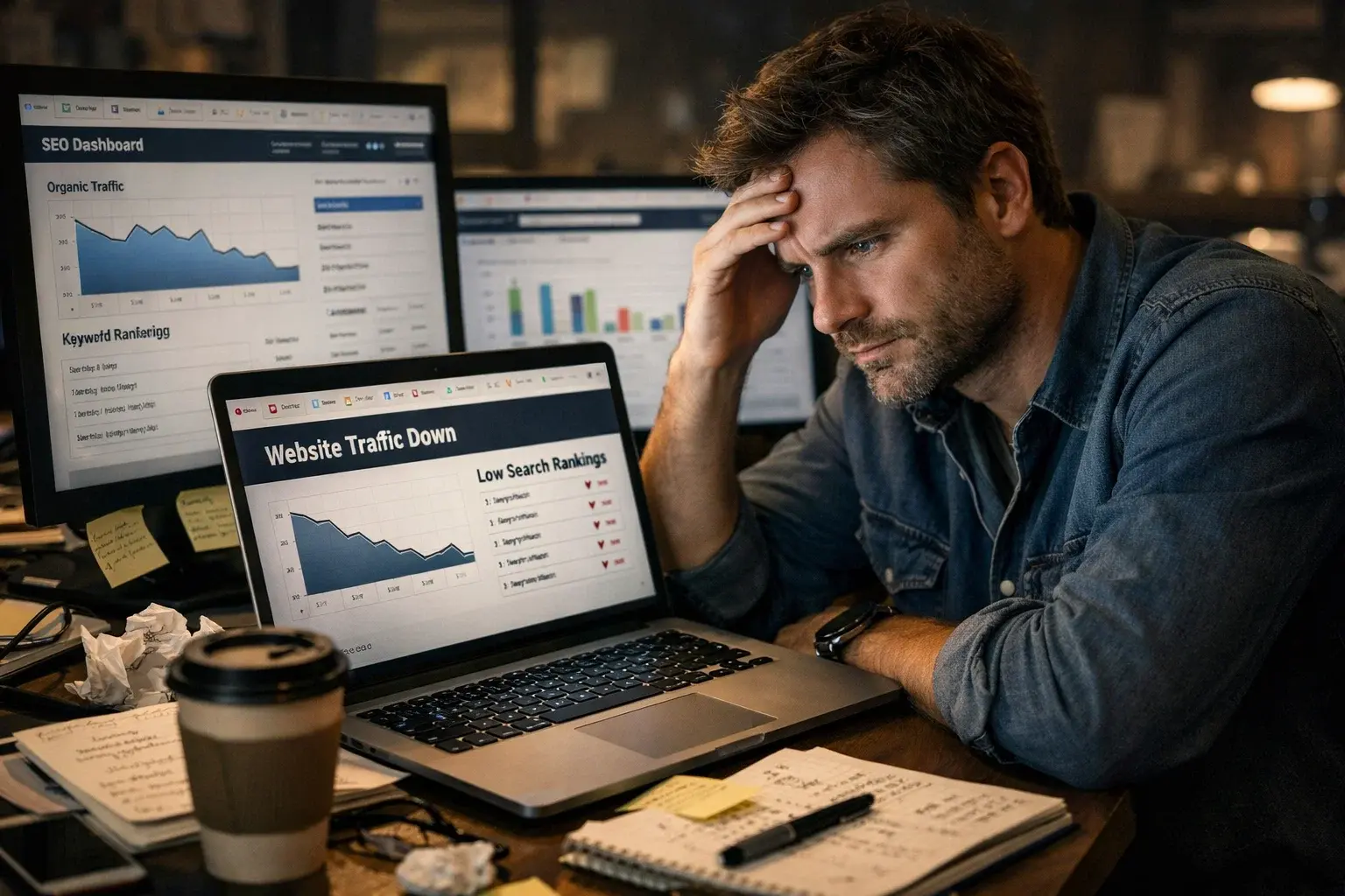 Startup founder reviewing low search rankings and struggling SaaS website traffic