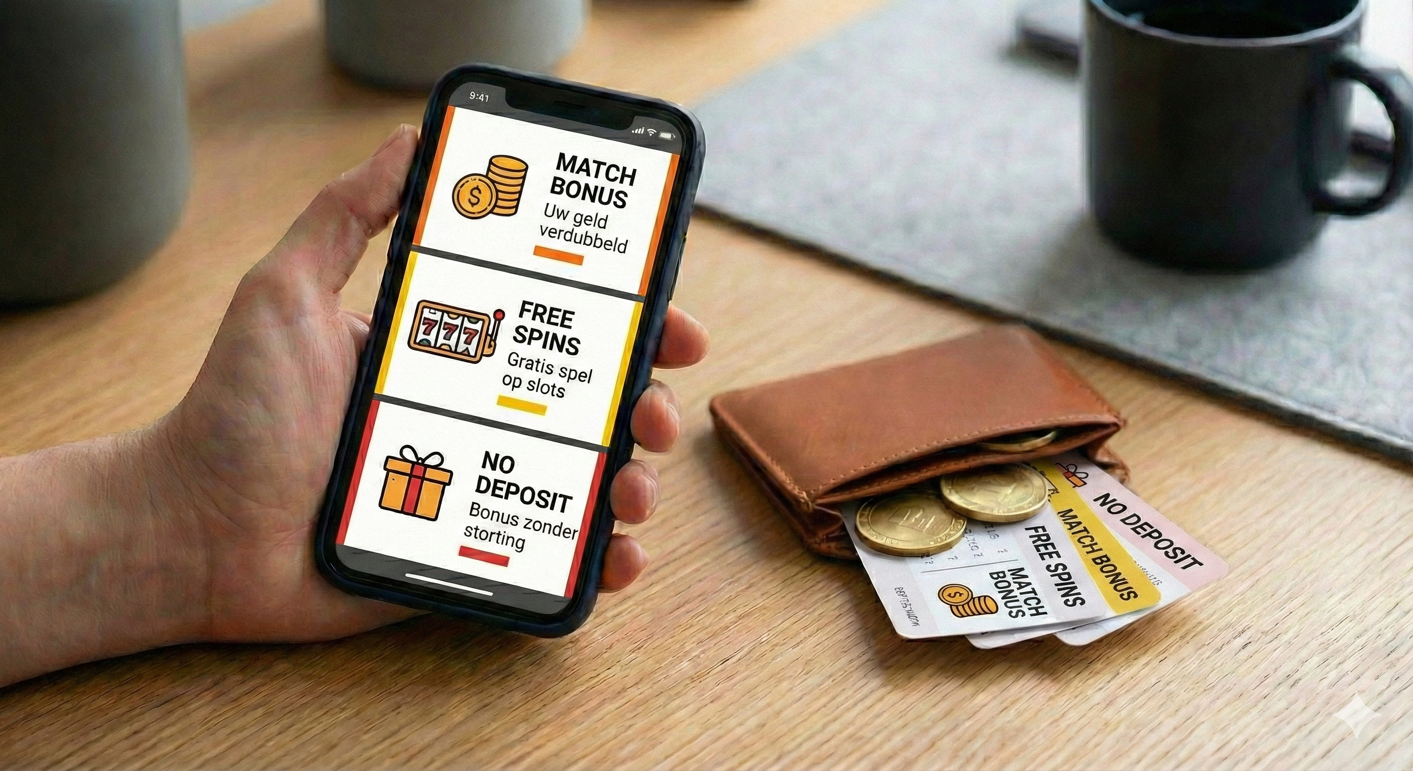 Overzicht van casino bonussen op smartphone, zoals match bonus, free spins en no deposit bonus, met portemonnee en bonuskaarten op tafel.