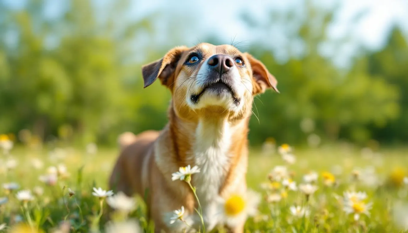 A dog with its nose raised is depicted, engaging in the sniffing behavior that allows domestic dogs to analyze scents from different species, showcasing their keen sense of smell. This behavior highlights how dogs perceive their environment and interact with their two-legged companions, reflecting their understanding of human emotions and social interactions.