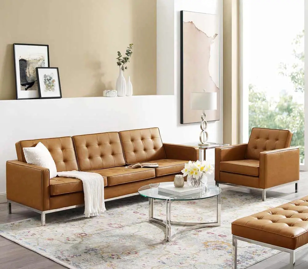 Light Brown Leather Sofa With Beige Walls 