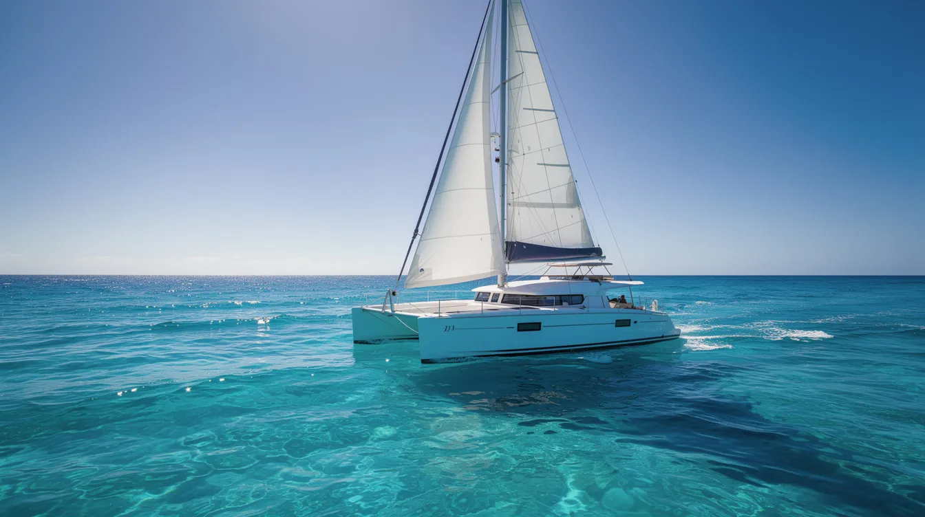 Imagem de um catamarã navegando em mar aberto, cercado por águas azul cristalina e um céu limpo, evocando a beleza das ilhas do Caribe, como Curaçao. A cena transmite uma sensação de tranquilidade e aventura, ideal para quem busca experiências inesquecíveis em férias na praia.