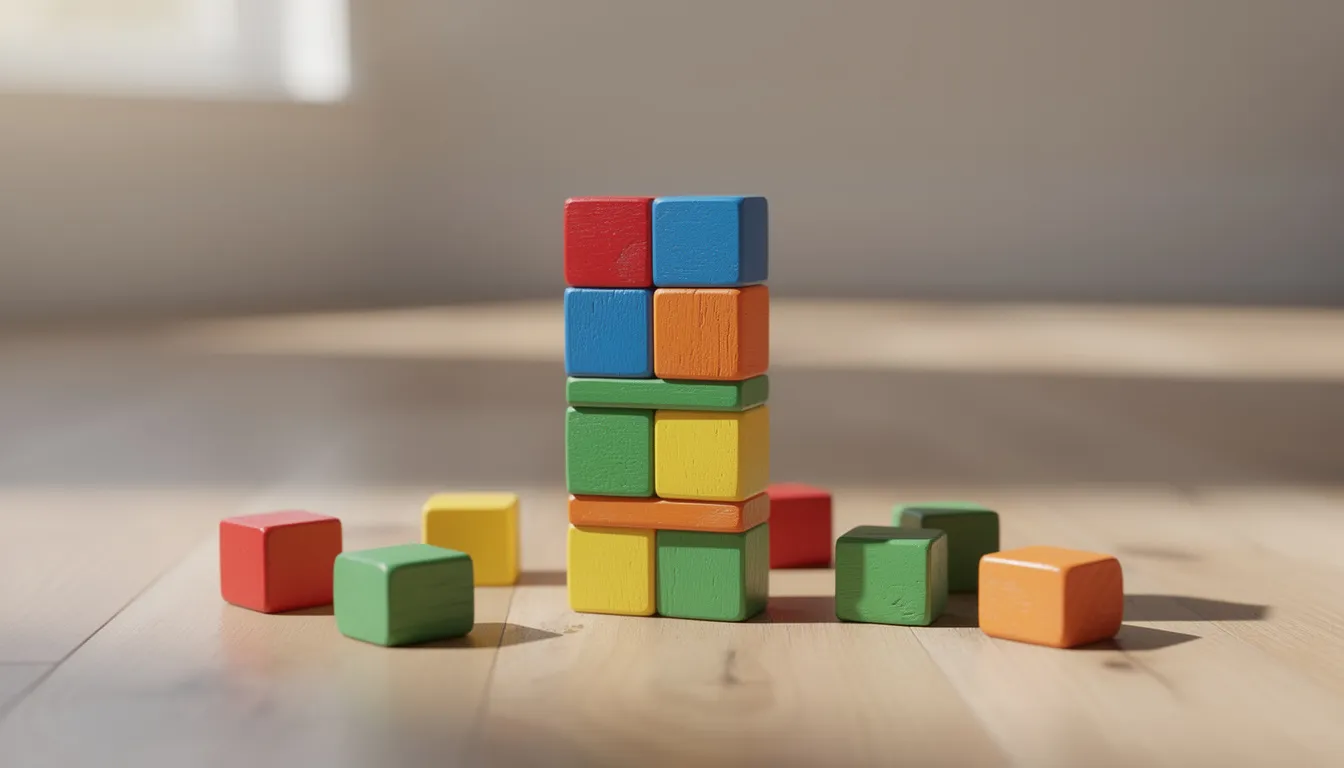 A tower of colorful wooden building blocks is stacked neatly on a light wooden floor, showcasing a variety of vibrant colors that can aid in early learning and colour recognition for little learners. These educational toys are perfect for toddlers and kids, encouraging creative play and development through fun games.