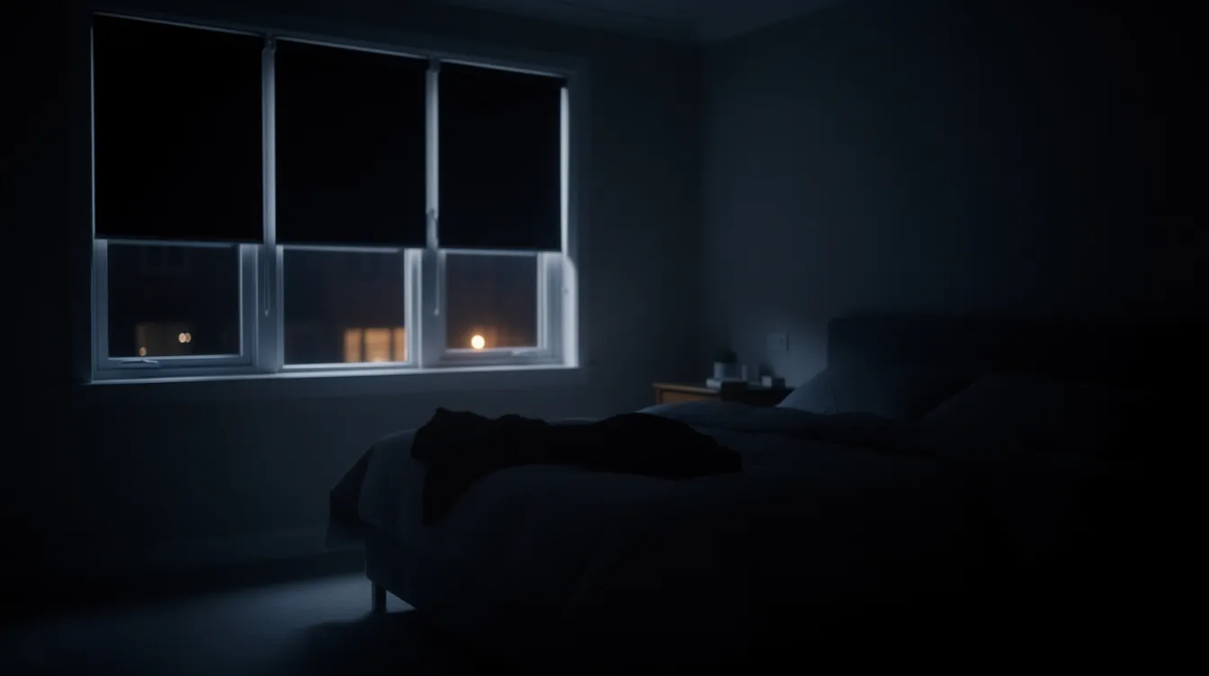 Ciemna sypialnia z półmroku, w której na oknach zamontowane są rolety zaciemniające bezinwazyjne, zapewniające pełne zaciemnienie. Delikatne światło przy krawędziach okna tworzy przytulny klimat, idealny do relaksu.