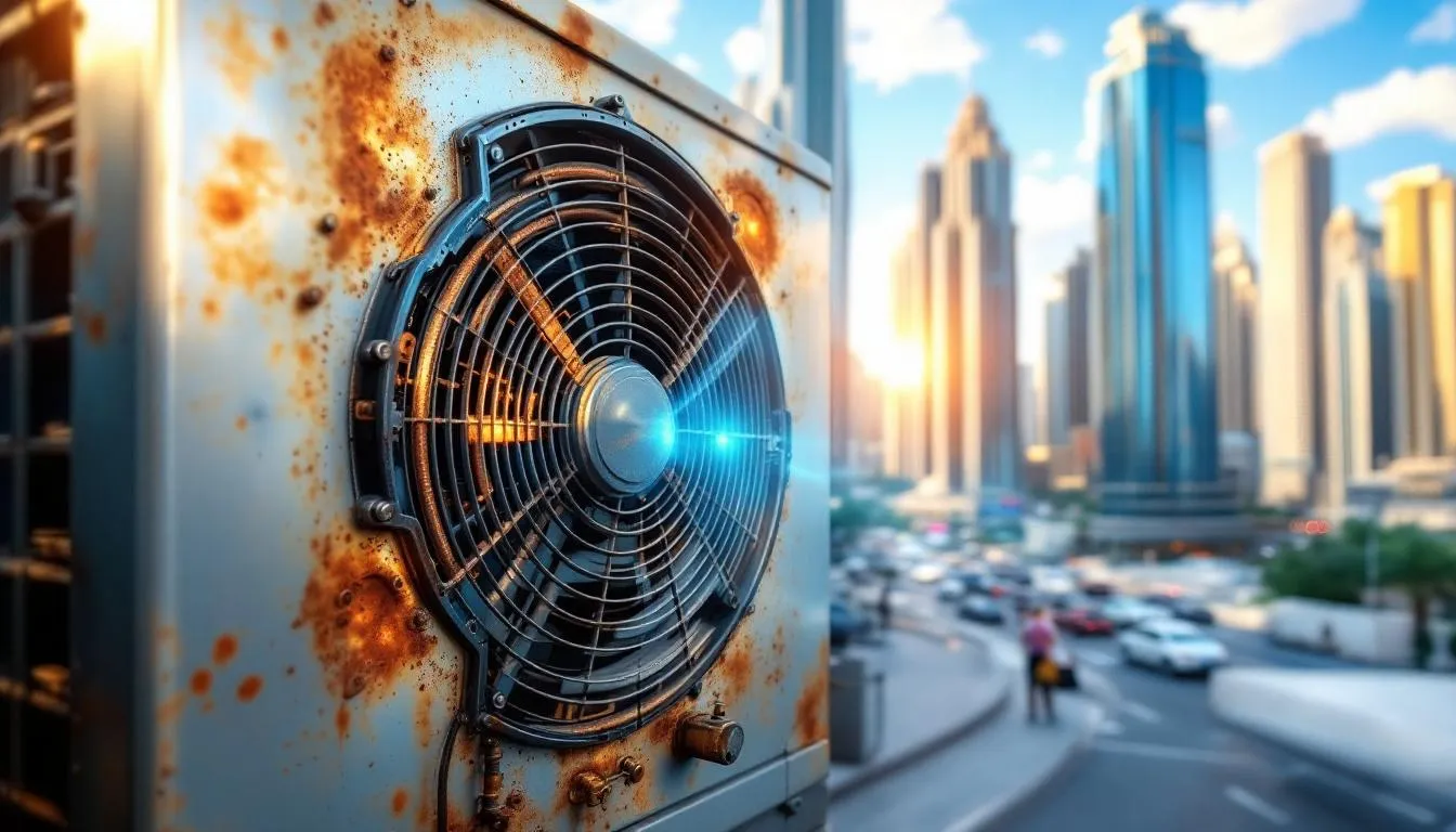 An air conditioning system showing signs of wear and needing regular maintenance.