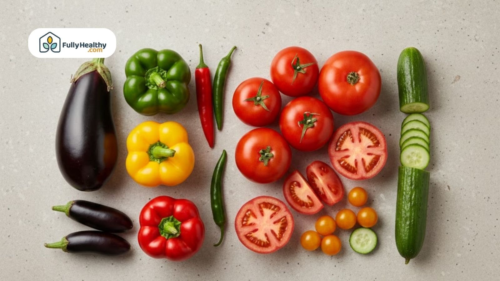 Assorted vegetables and fruits on a table including tomatoes, cucumbers, bell peppers, and eggplant.
