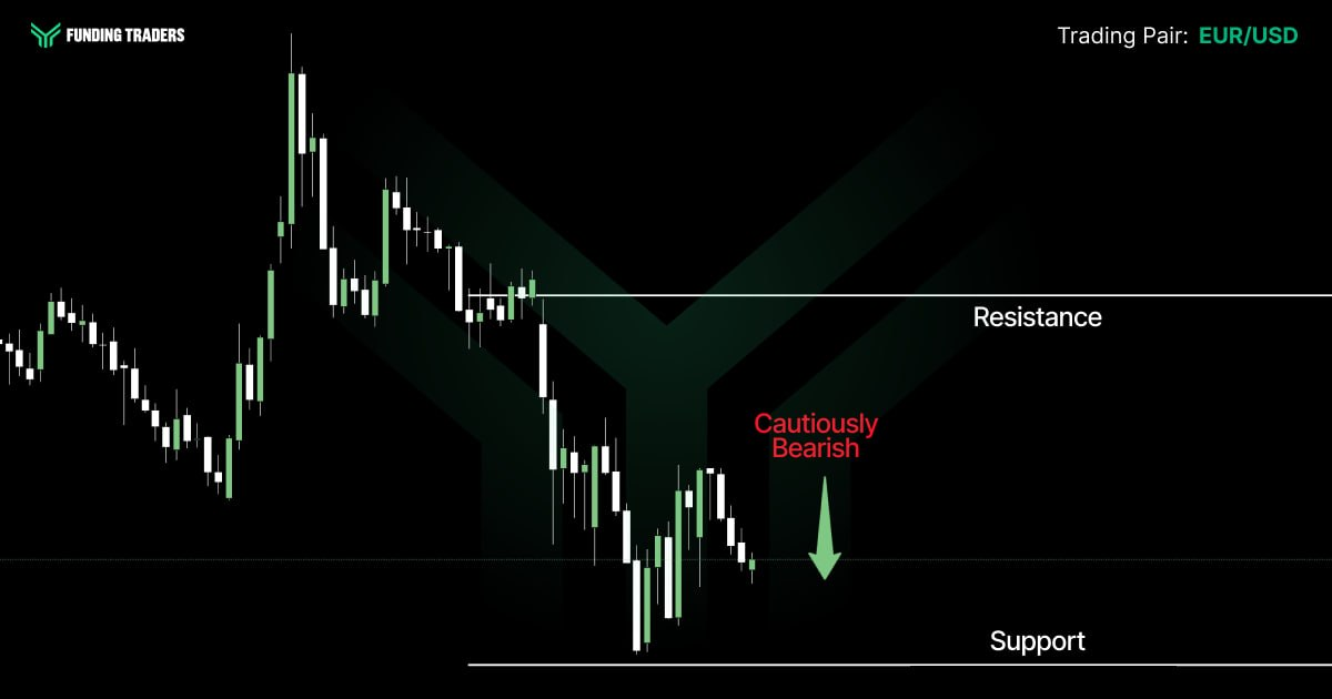A EUR/USD candlestick chart from Funding Traders showing price rejecting resistance and trending downward toward support, with a red downward arrow and the label "Cautiously Bearish" — signaling a tentative short bias while price approaches a key floor where a reversal remains possible.