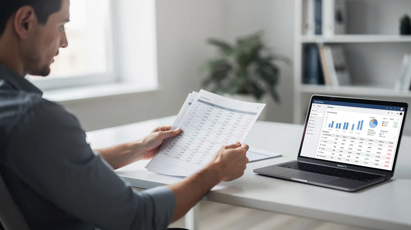 A person is seated at a desk, carefully reviewing financial paperwork while a laptop is open beside them, indicating they are analyzing their mortgage payment options, including potential down payment strategies and interest rates for a new loan or investment property. The scene reflects a focus on understanding closing costs and the mortgage application process amidst their financial circumstances.
