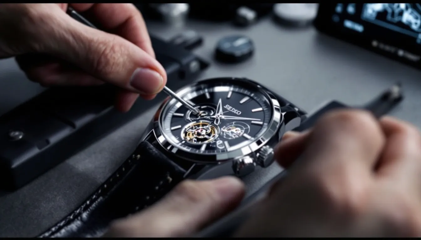 An individual installing a Seiko watch strap onto a watch face.