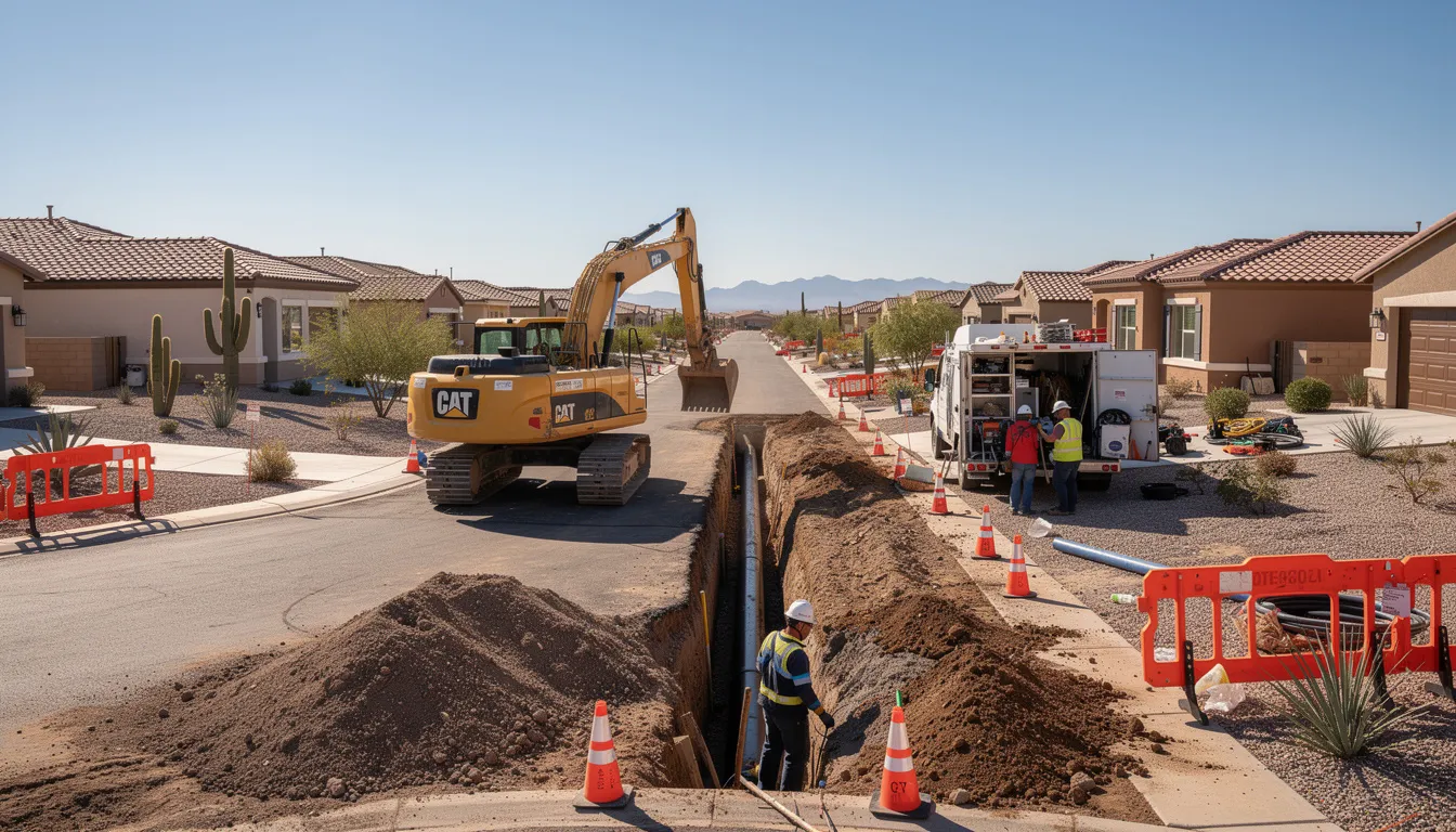 A construction crew is seen performing residential utility work in an Arizona neighborhood, utilizing heavy machinery to address a broken water line. The scene highlights the importance of main water line repair services for homeowners facing plumbing emergencies.