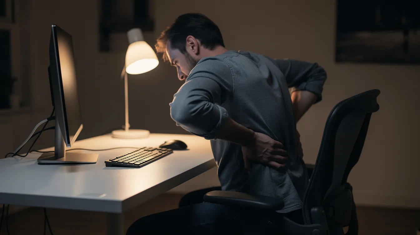 The image shows a person sitting at a desk in a dimly lit room, rubbing their lower back, indicating discomfort or chronic pain. This posture may suggest they are experiencing persistent pain, possibly related to their work environment or prolonged sitting.