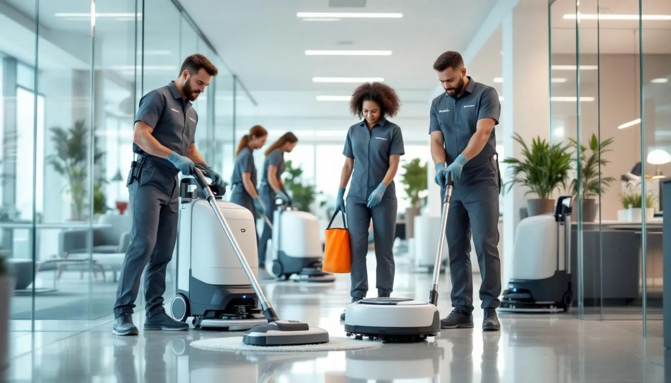 A team of professional cleaners working together in an office setting.