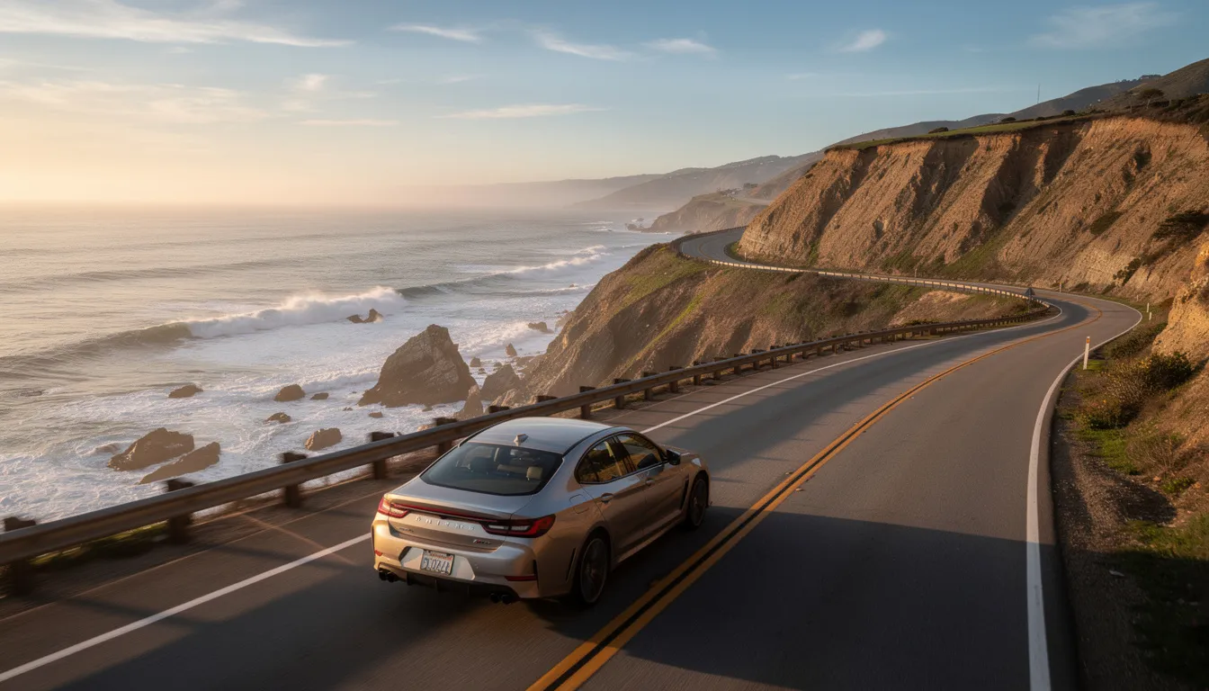 Une voiture de location roule le long d'une route côtière californienne, avec l'immensité de l'océan en arrière-plan, offrant une vue panoramique sur la mer. Ce paysage évoque une expérience de voyage agréable, parfaite pour ceux qui recherchent un rapport qualité-prix dans leur location de voiture.