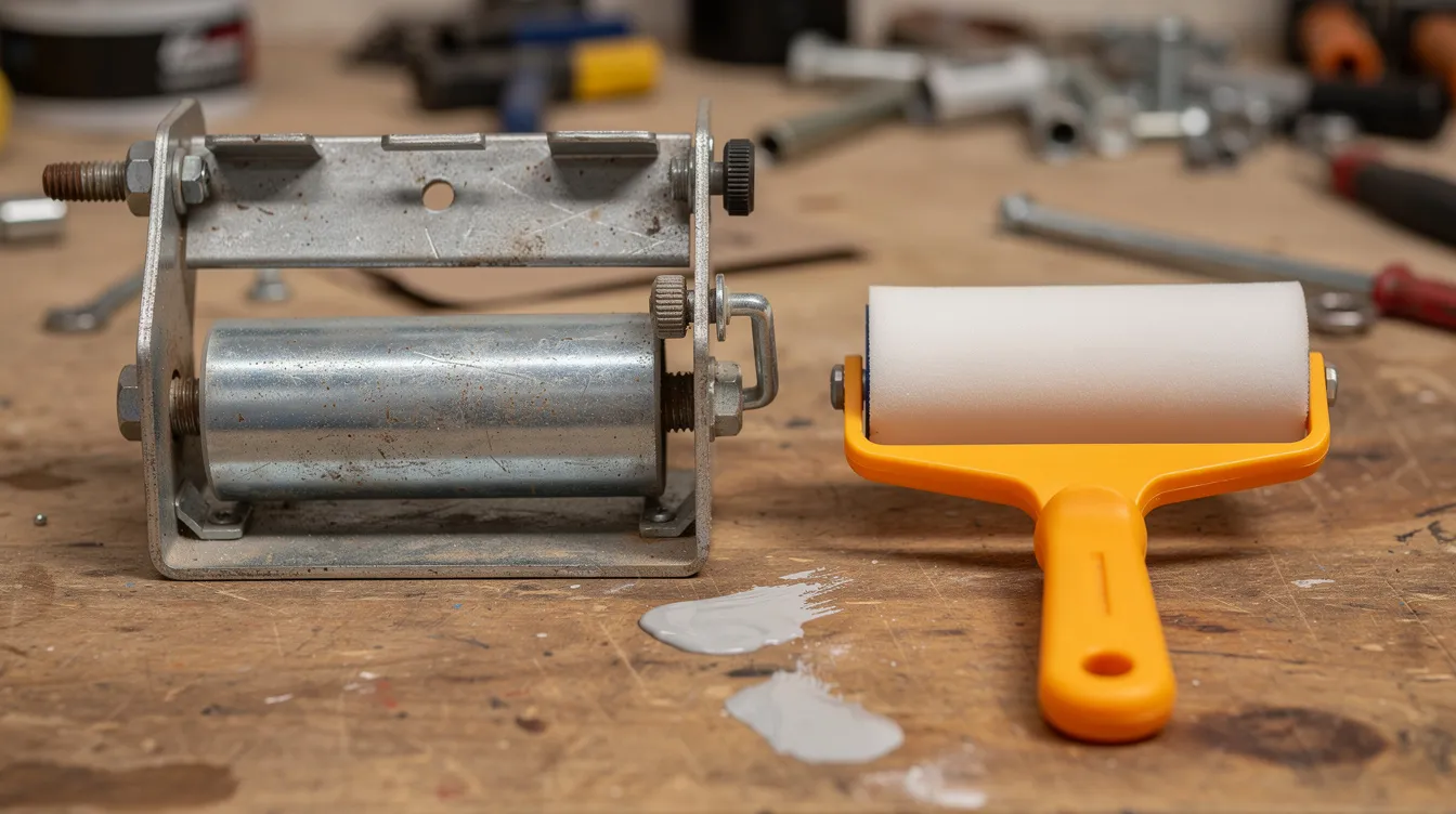 The image shows a side-by-side comparison of an industrial metal edge roller tool and a small foam paint edge roller placed on a workbench, highlighting the differences in size and design of these essential tools for various jobs. The metal edge roller, used for working with sheet metal, features a robust construction, while the foam roller is designed for creating smooth paint edges with little practice.