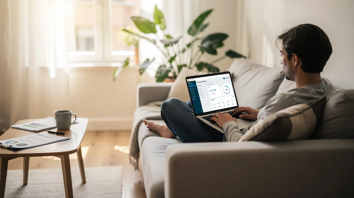 Eine Person sitzt entspannt auf einem Sofa in einem hellen Wohnzimmer und arbeitet am Laptop, um online Energieverträge zu verwalten. Auf dem Bildschirm sind Informationen zu Preisen und Angeboten zu sehen, während das Tageslicht durch das Fenster strömt.
