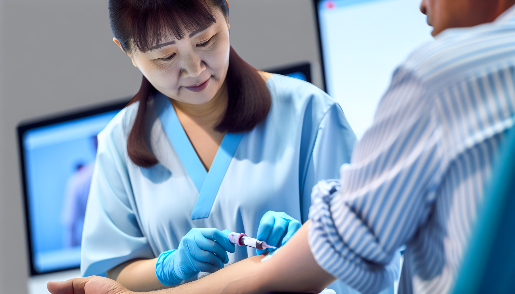 Nurse collecting blood sample from a patient's arm
