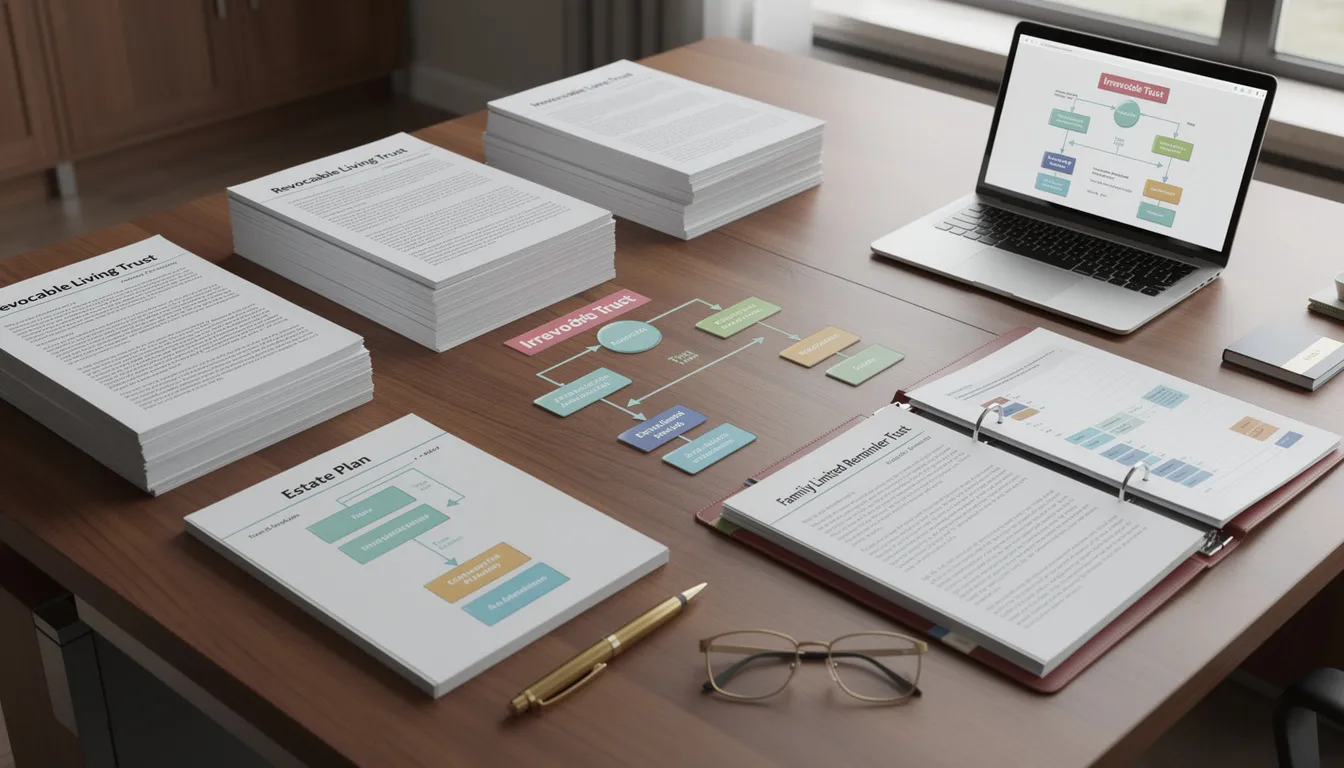 The image depicts a collection of complex estate planning documents and trust structures, showcasing various legal papers that represent customized estate plans designed to manage significant assets for families. This visual emphasizes the importance of careful planning and expert legal guidance in securing a family's future and navigating the intricacies of estate taxes and trust administration.
