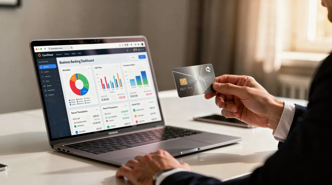 A person is holding a business credit card while sitting next to a laptop displaying a banking dashboard, which likely includes financial reports and cash flow statements essential for small business owners to manage their business finances and track financial transactions. This setup emphasizes the importance of bookkeeping software and accurate financial records for maintaining the company's financial health.