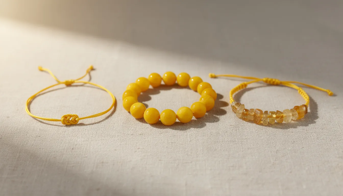 The image features a vibrant yellow bracelet made of beads, symbolizing good luck and spiritual protection. This accessory enhances personal style, making it a perfect addition to any outfit for various occasions, while also representing energy and optimism.