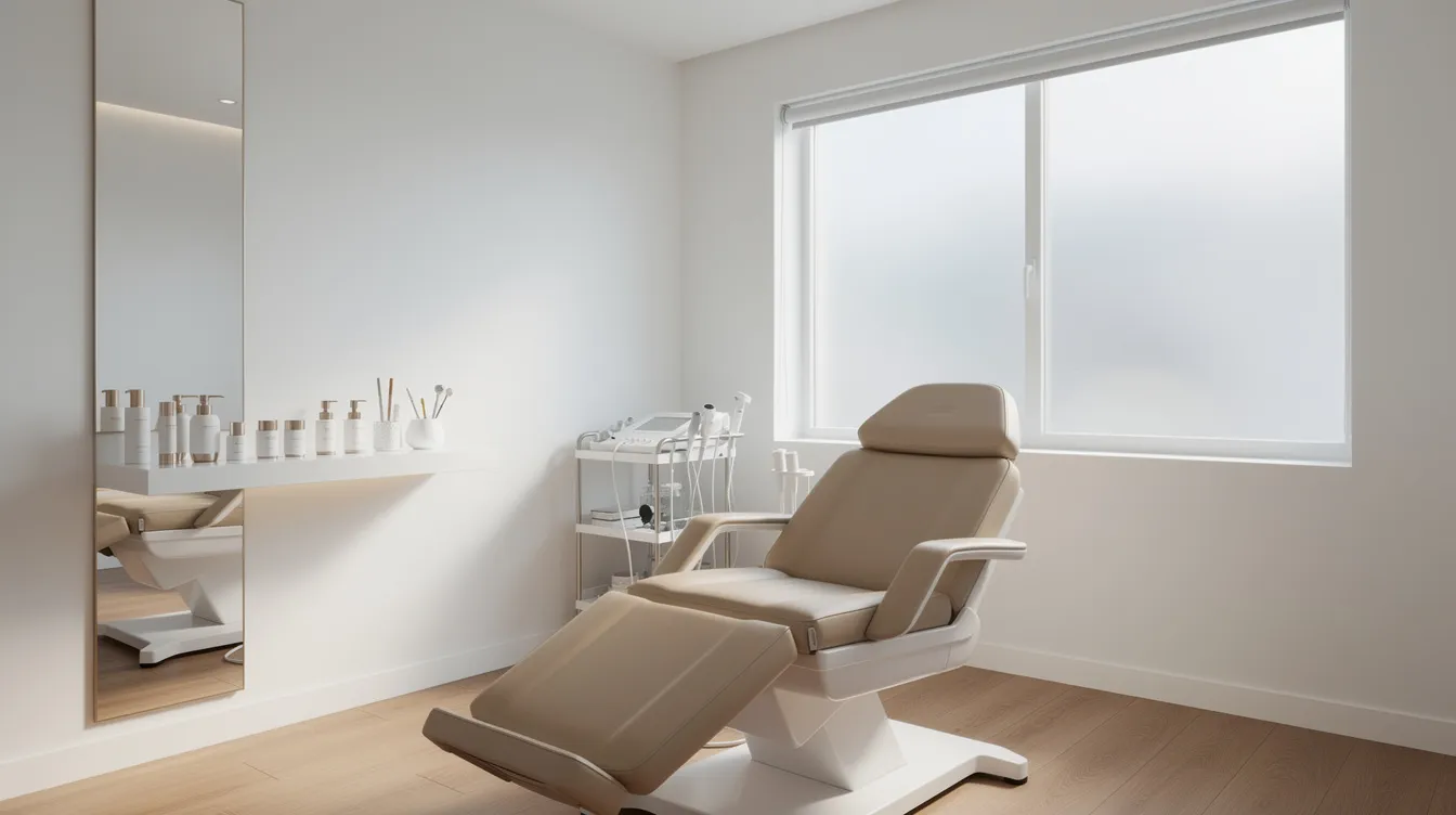 The image depicts a minimal aesthetic clinic room featuring a comfortable treatment chair, a large mirror, and neatly arranged skincare tools, creating a serene environment for procedures like botox treatments and chemical peels. This space emphasizes the importance of provider expertise and patient comfort during treatment sessions aimed at wrinkle reduction and achieving natural-looking results.