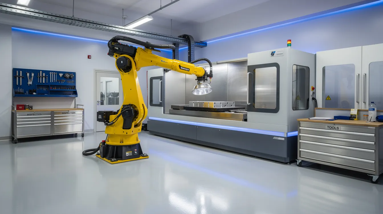 The image depicts a modern CNC machining facility featuring a robotic arm loading parts onto a five-axis CNC machine, illuminated by blue LED lighting in a clean workshop environment. This advanced setup is essential for aerospace precision machining, enabling the production of complex aerospace parts and critical engine components with high precision and tight tolerances.