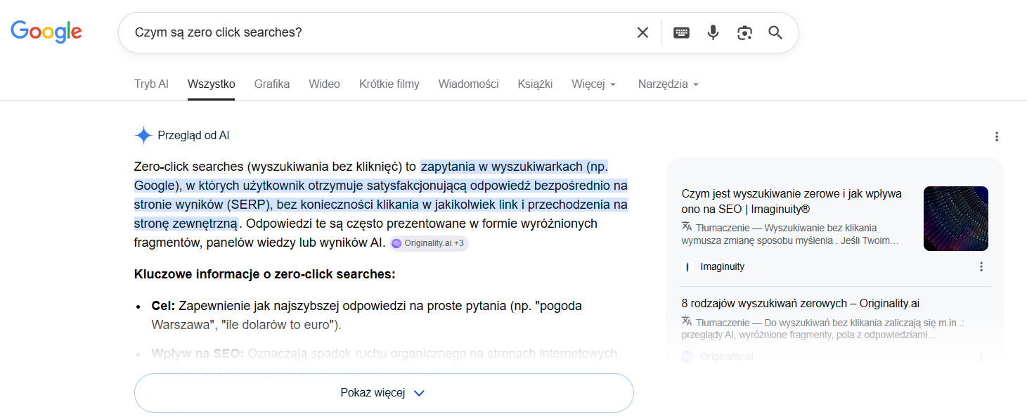 AI Overviews - przykład odpowiedzi zero-click searches.