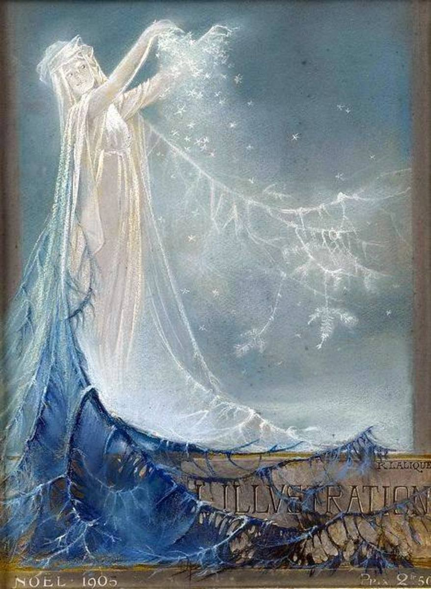 Cailleach is younger wearing all white including a cape that slowly morphs into blue. Snowflakes flow from her raised hands.