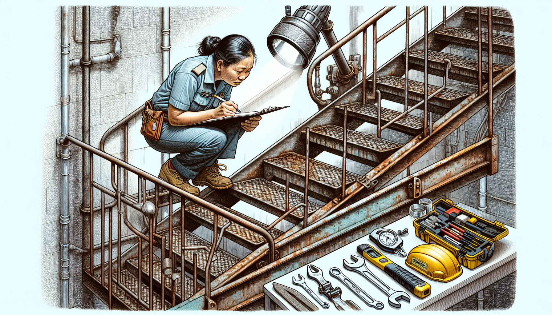 Illustration of a fire escape inspection in progress