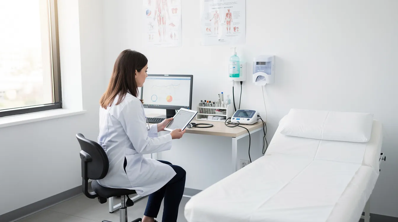 The image depicts a medical examination room set up for patient consultations, featuring a comfortable examination table and medical equipment. This environment is often used for discussions related to pelvic organ prolapse, stress urinary incontinence, and various surgical mesh procedures, including transvaginal mesh surgery for treating pelvic floor disorders.
