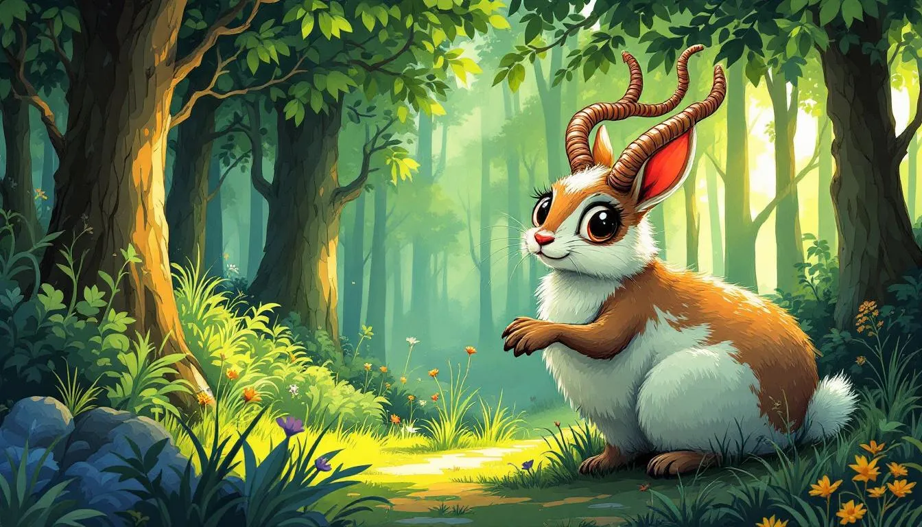 An artistic interpretation of the mythical jackalope, a horned rabbit.